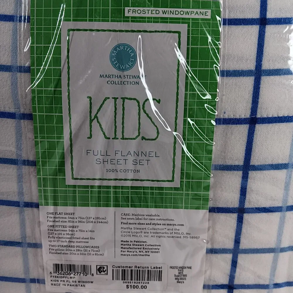 Martha Stewart Collection Flannel Full Sheet Set Kids Frosted Windowpane Cotton